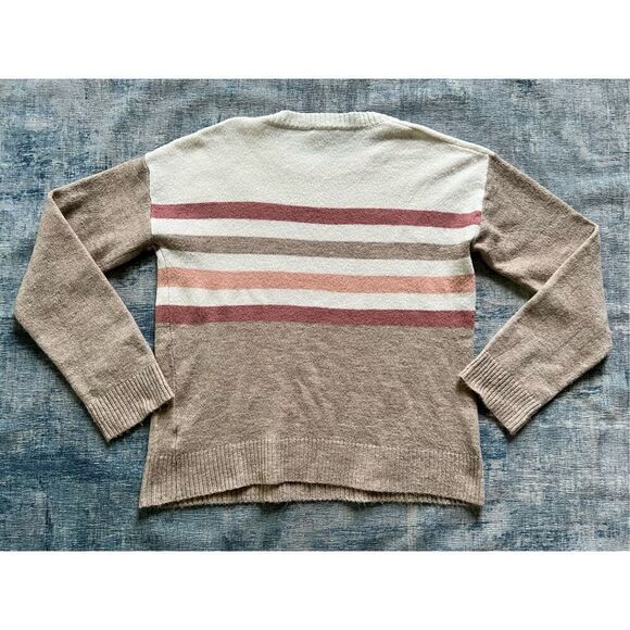 Hem & Thread Ivory Tan Color Block Stripe Acrylic Blend Sweater Large - Picture 2 of 5
